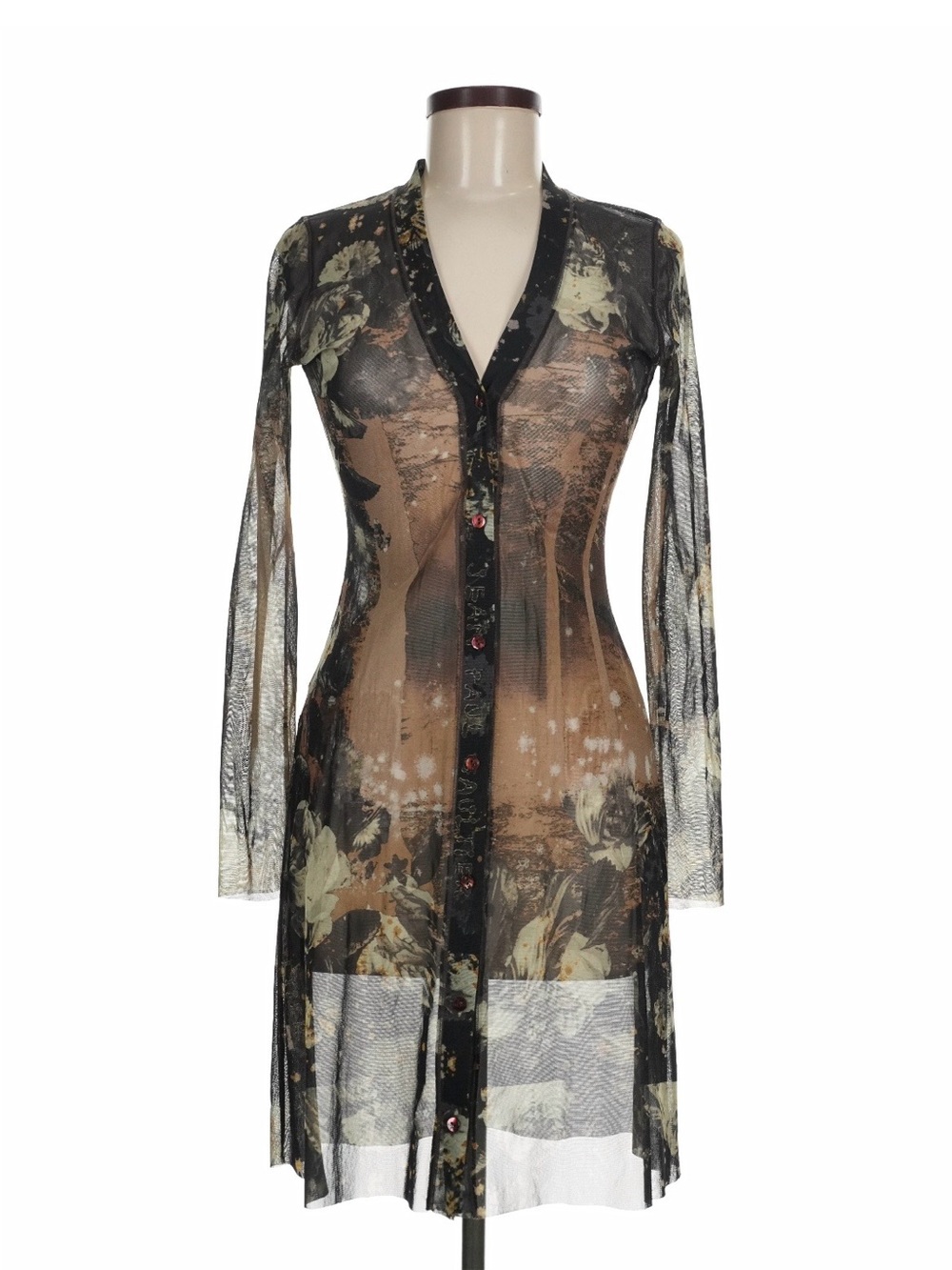 Jean Paul Gaultier Sheer Floral Midi Dress in Black and Beige